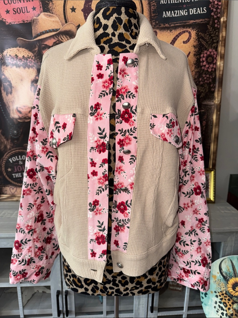 POL Women's Floral Sleeve Beige Waffle Knit Jacket - Sz M